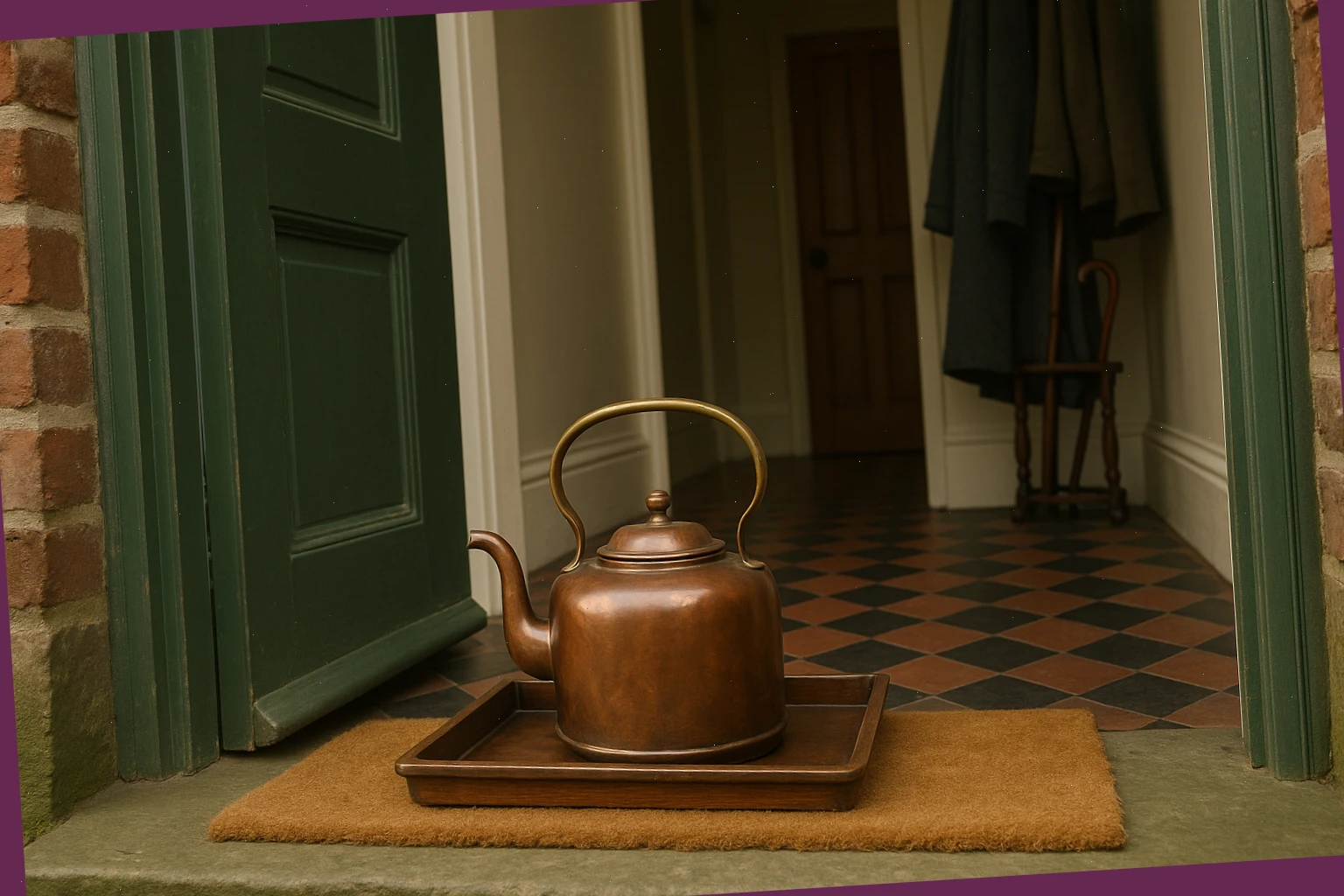 Kettle on a small tray by the doorway ready to greet guests