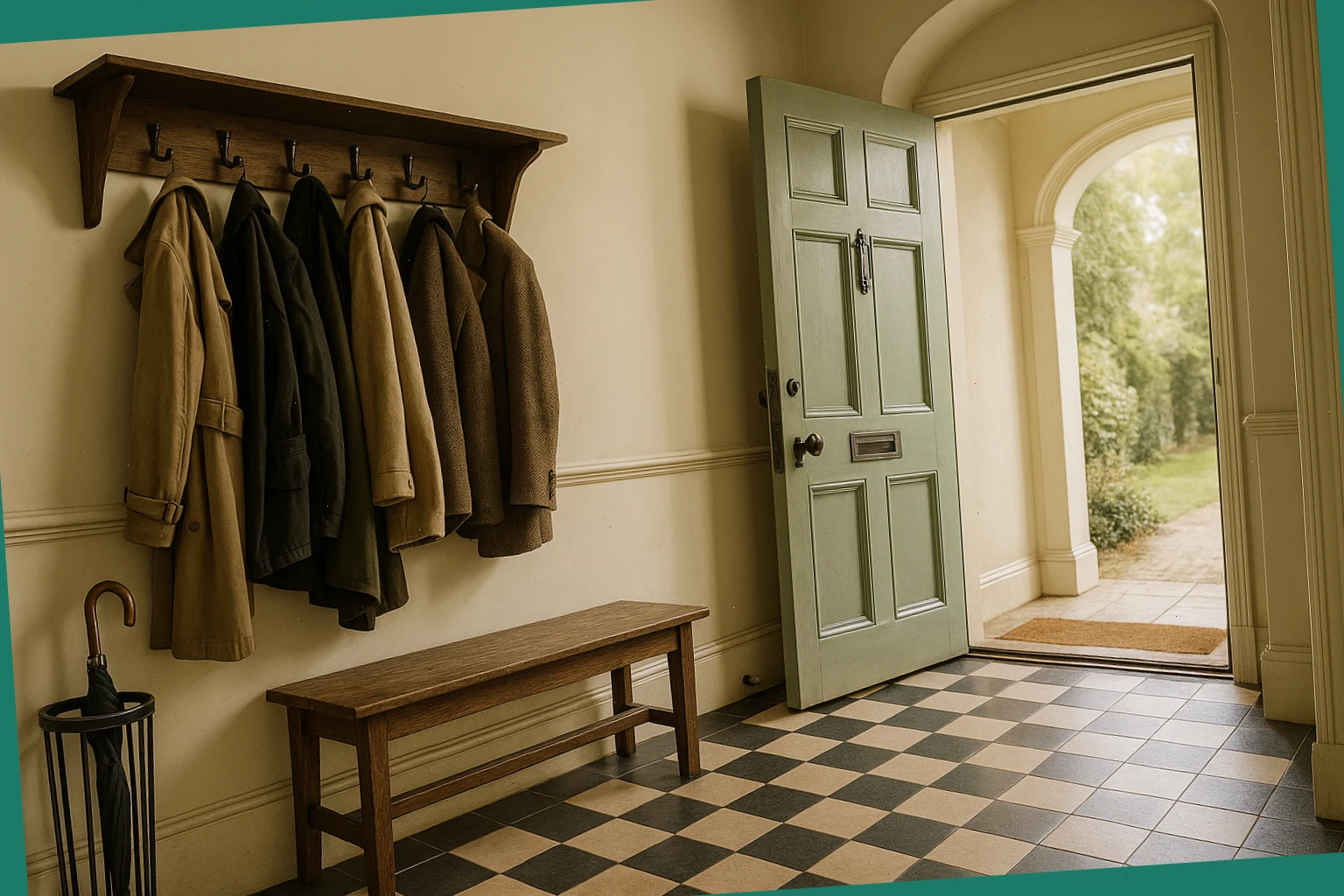 Neat hallway with coatrack, umbrella stand, and low bench for guests